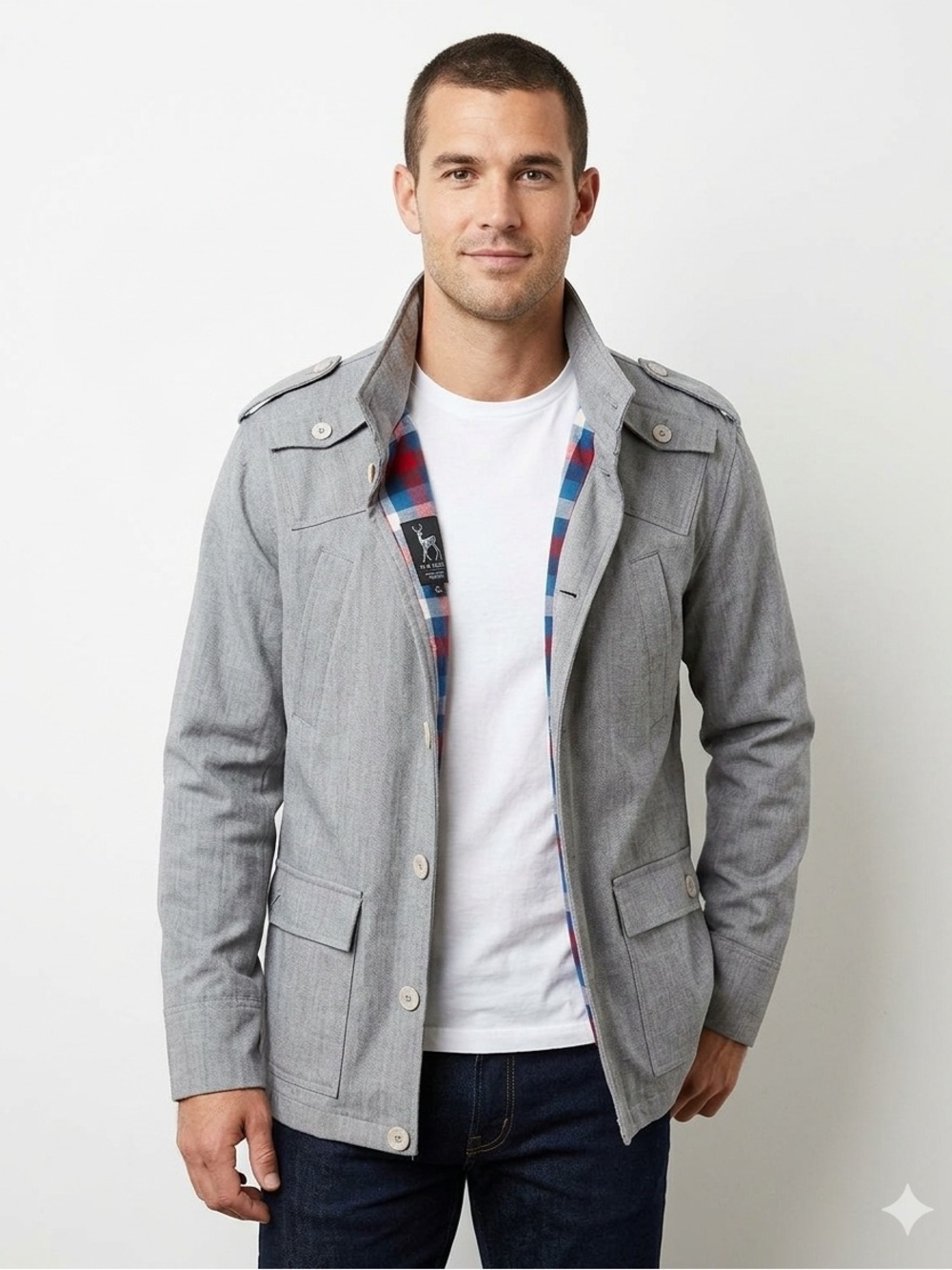 Men's Grey Military Field Jacket with Plaid Lining XXL